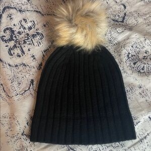 NWT - J.Crew ribbed black beanie hat with pompom!